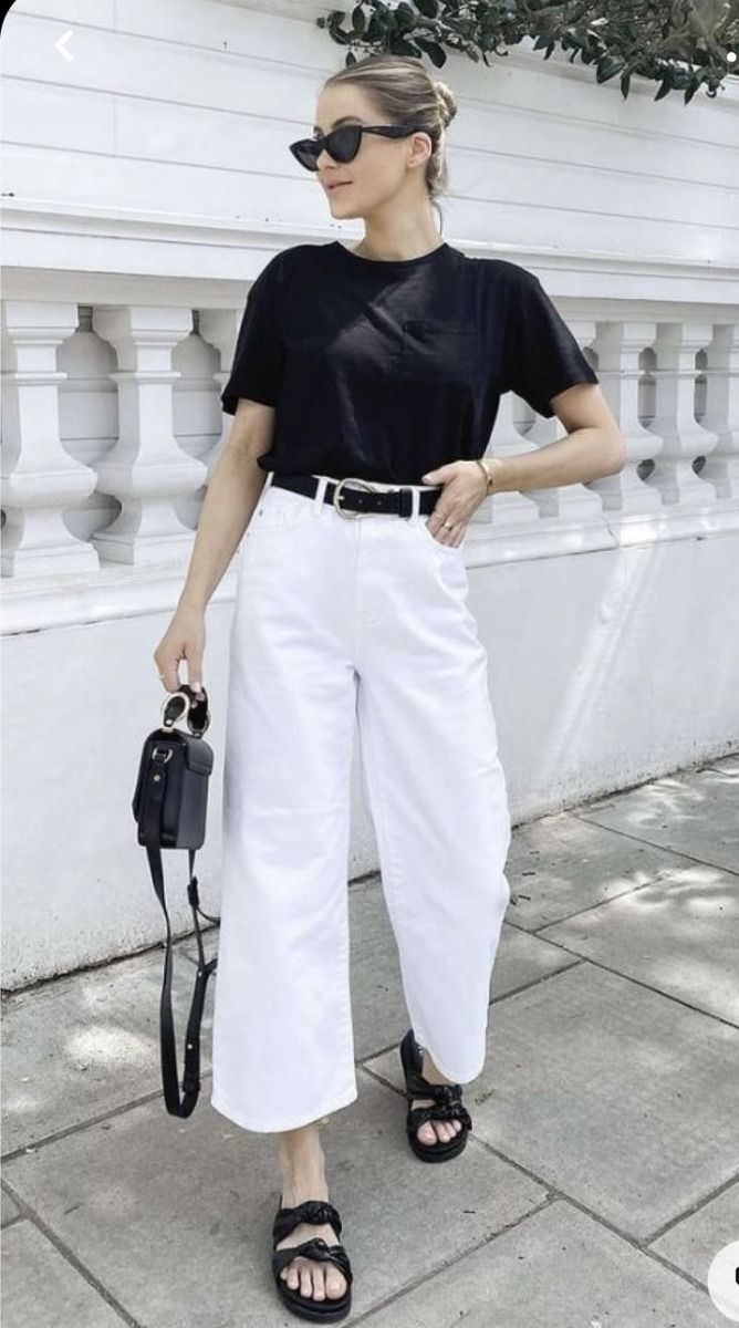 White Cropped Wide-Leg Pants and Black Sandals